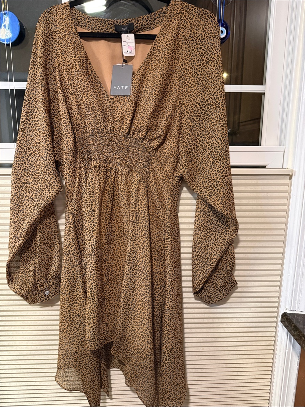Fate Tan Leopard Print Long Sleeve V-Neck Dress
